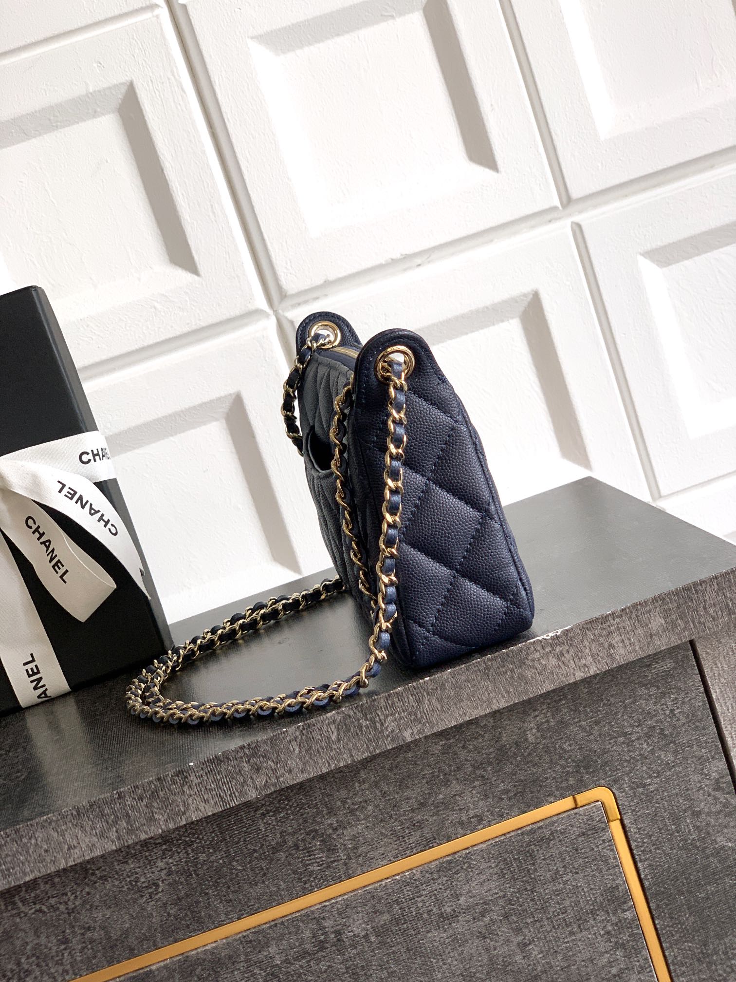 Chanel Basic Bag Cow Leather Blue M-l