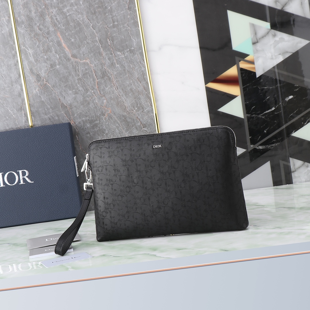 Dior Clutch Bag Cow Leather Black L-s