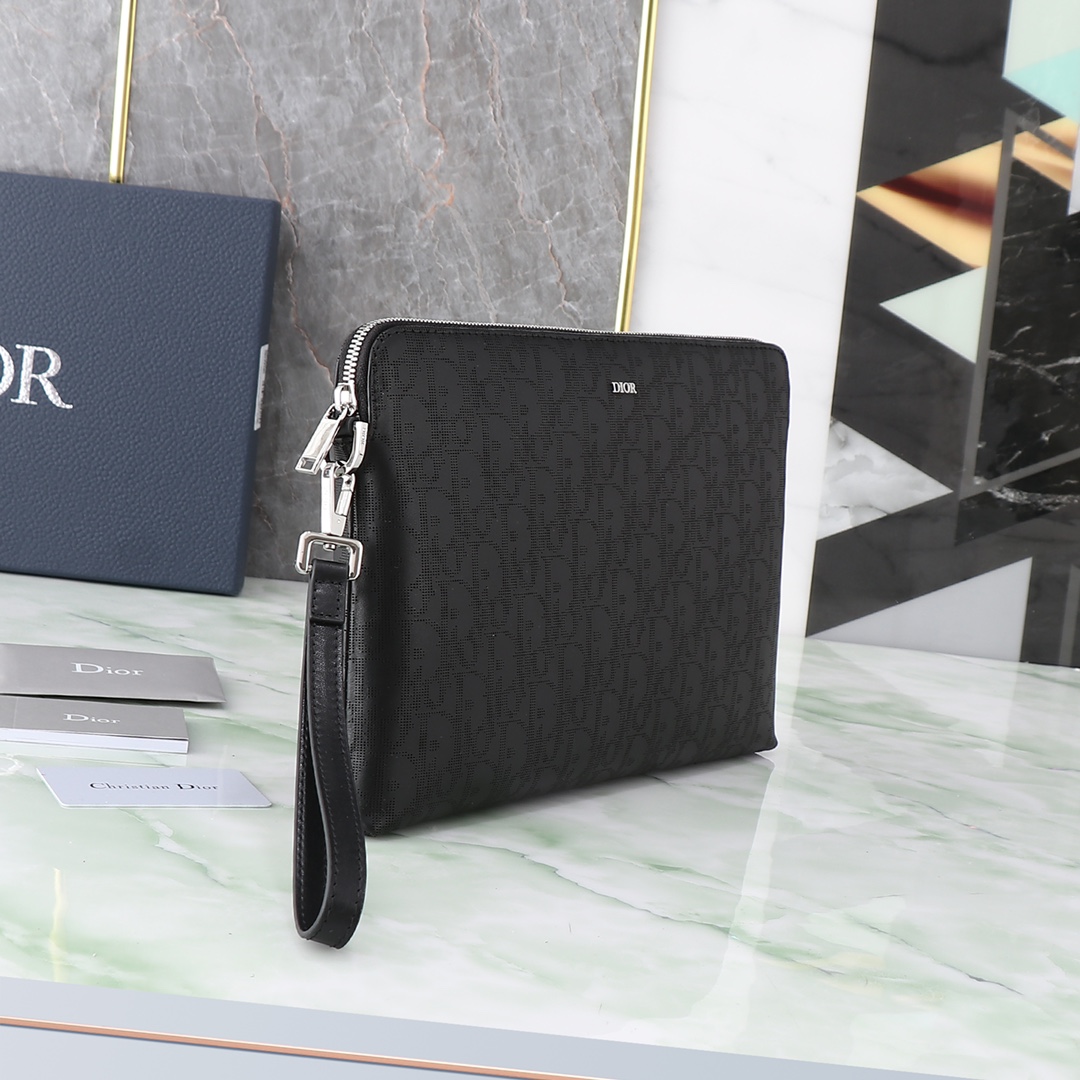 Dior Clutch Bag Cow Leather Black L-s