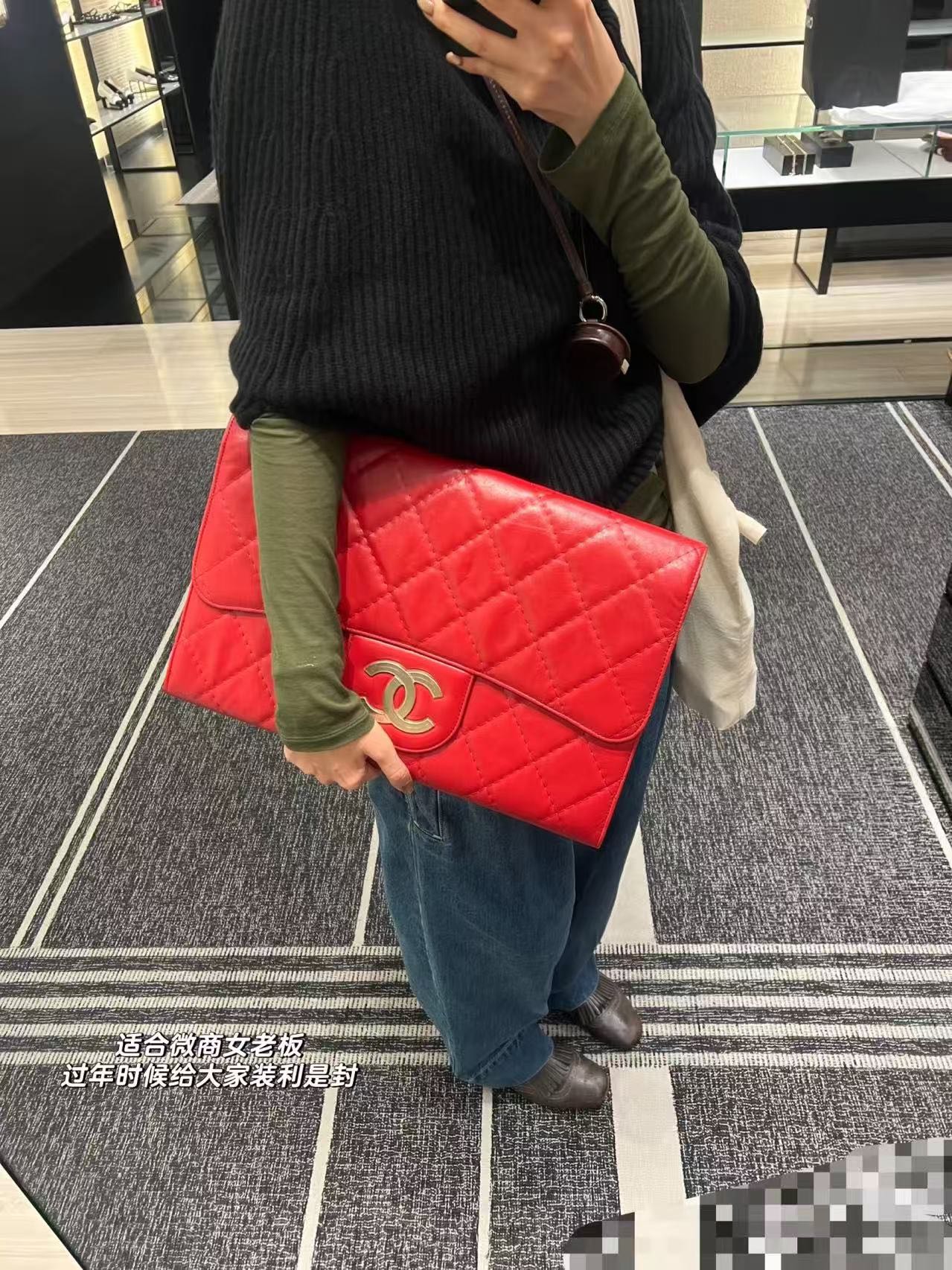 Chanel Female Clutch Bag Cow Leather Red Large Capacity M-l-s