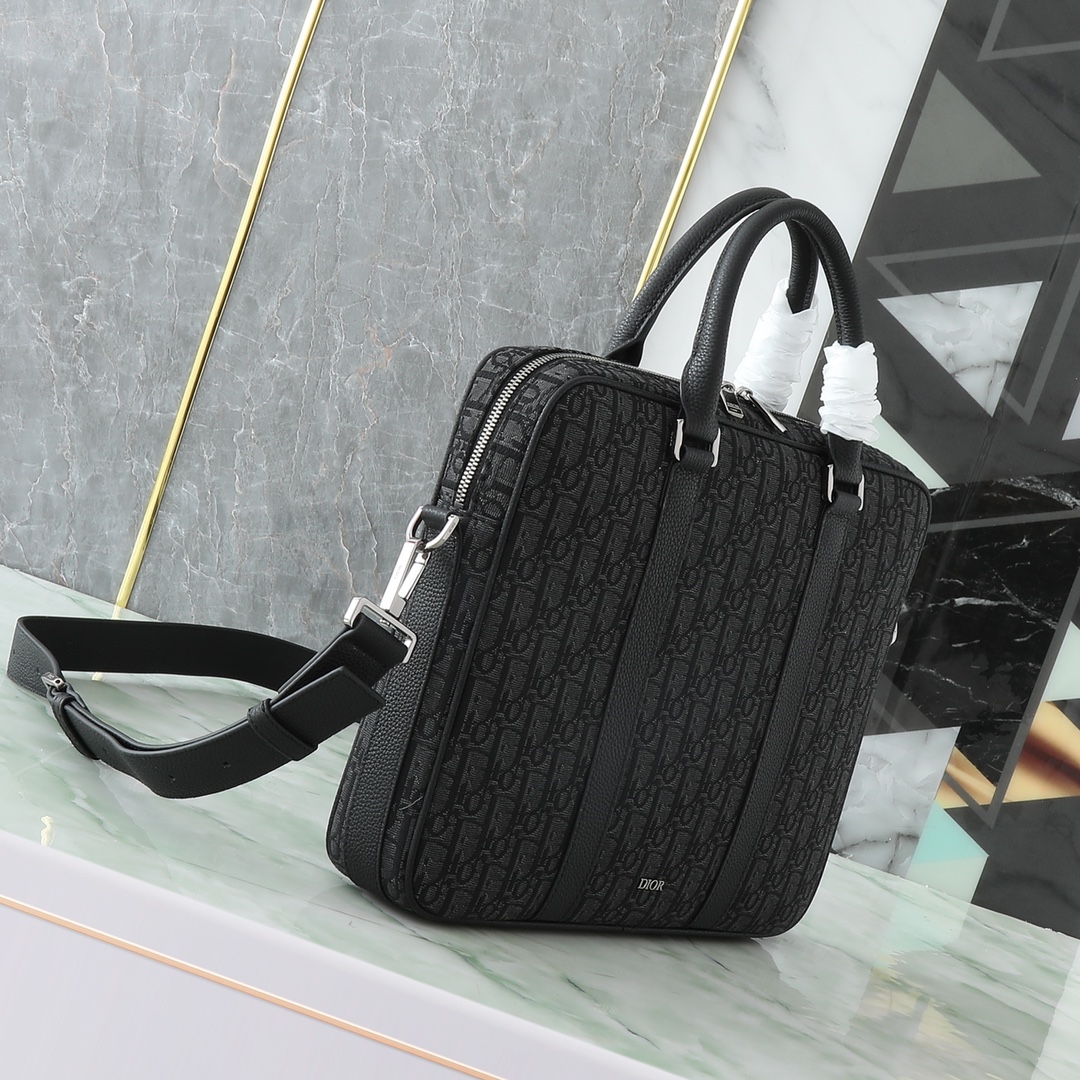 Dior Briefcase Cow Leather Black Foldable L-s