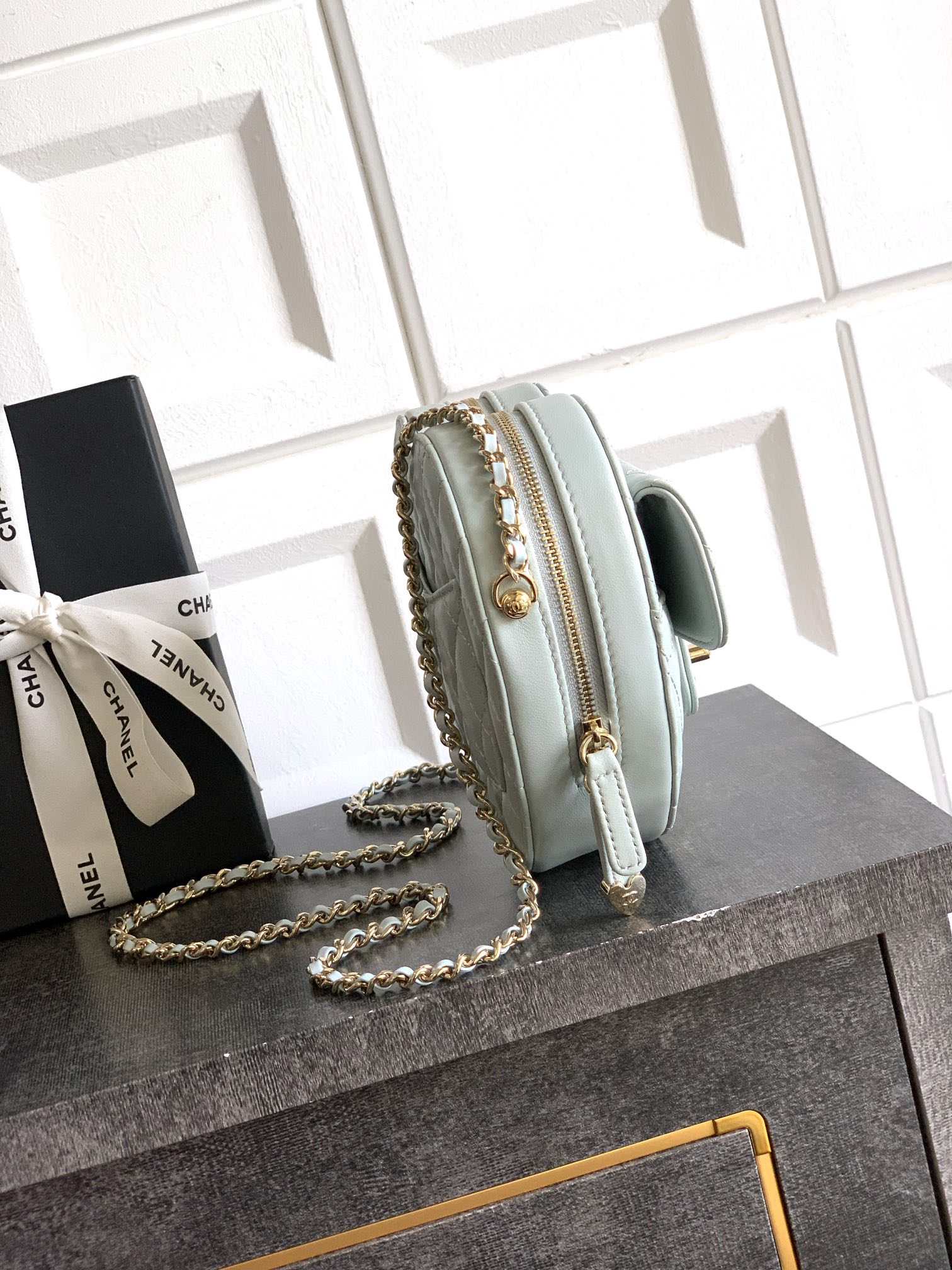 Chanel Clutch Bag Sheepskin Blue M-l