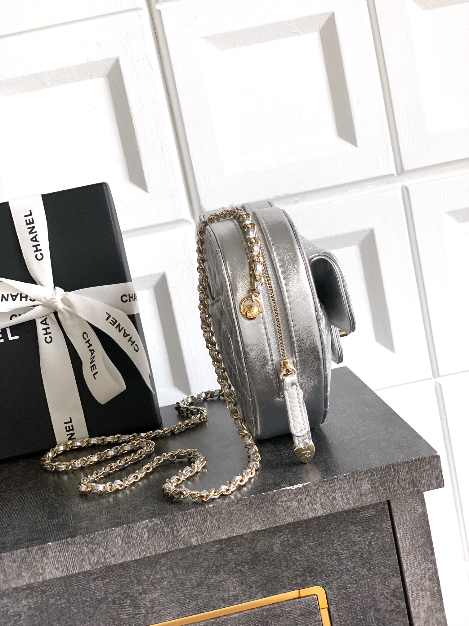 Chanel Clutch Bag Sheepskin Silver M-l