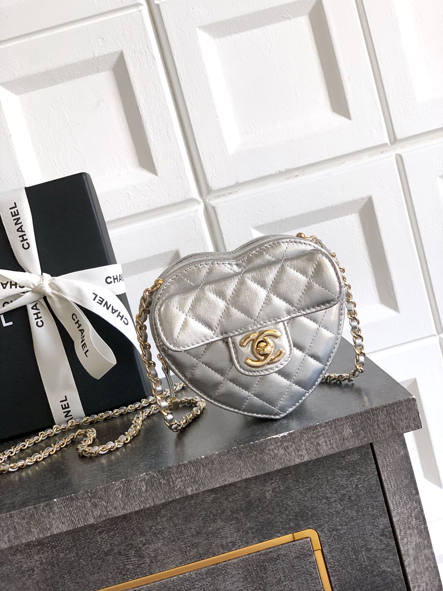 Chanel Clutch Bag Sheepskin Silver M-l