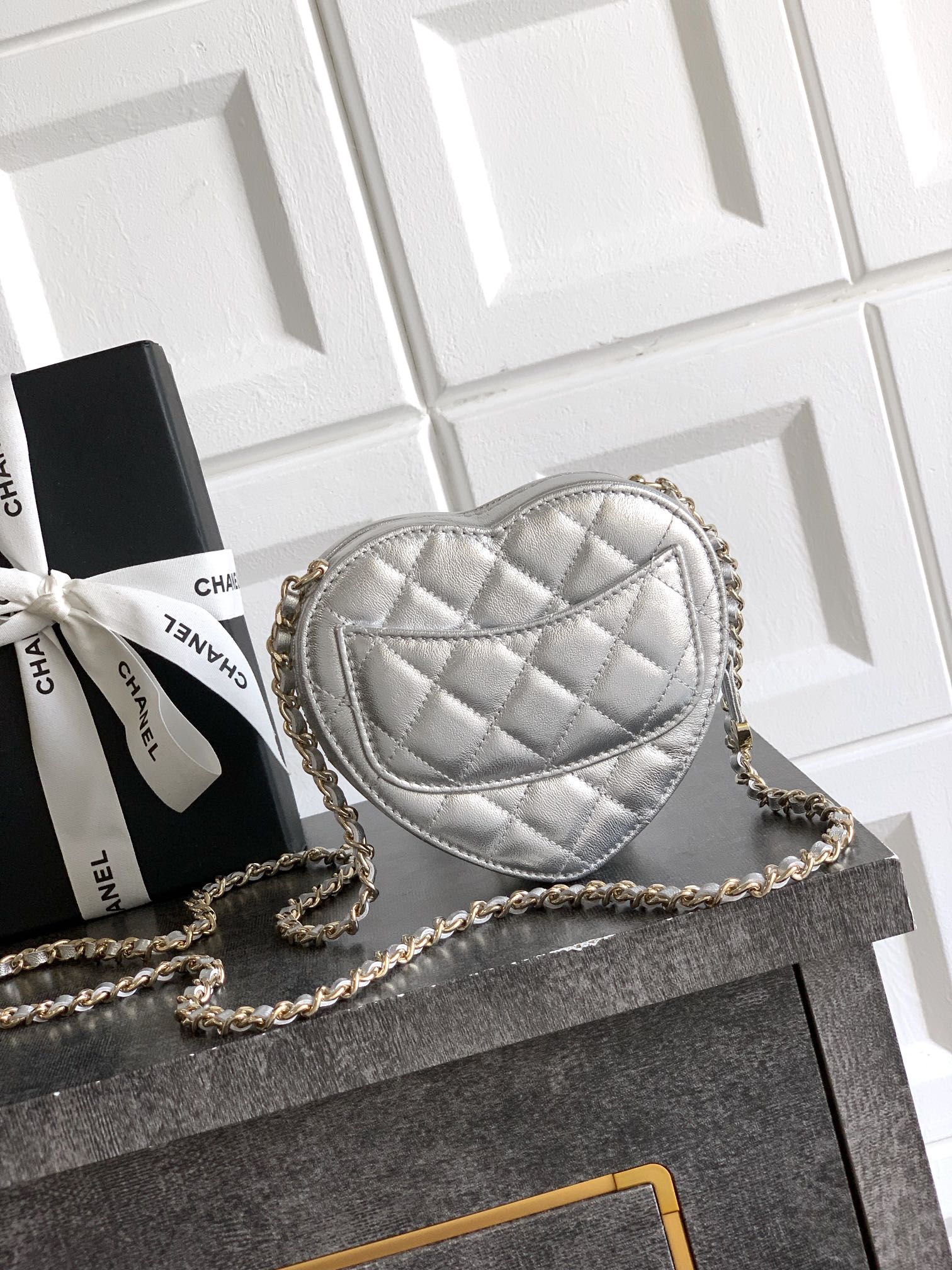 Chanel Clutch Bag Sheepskin Silver M-l