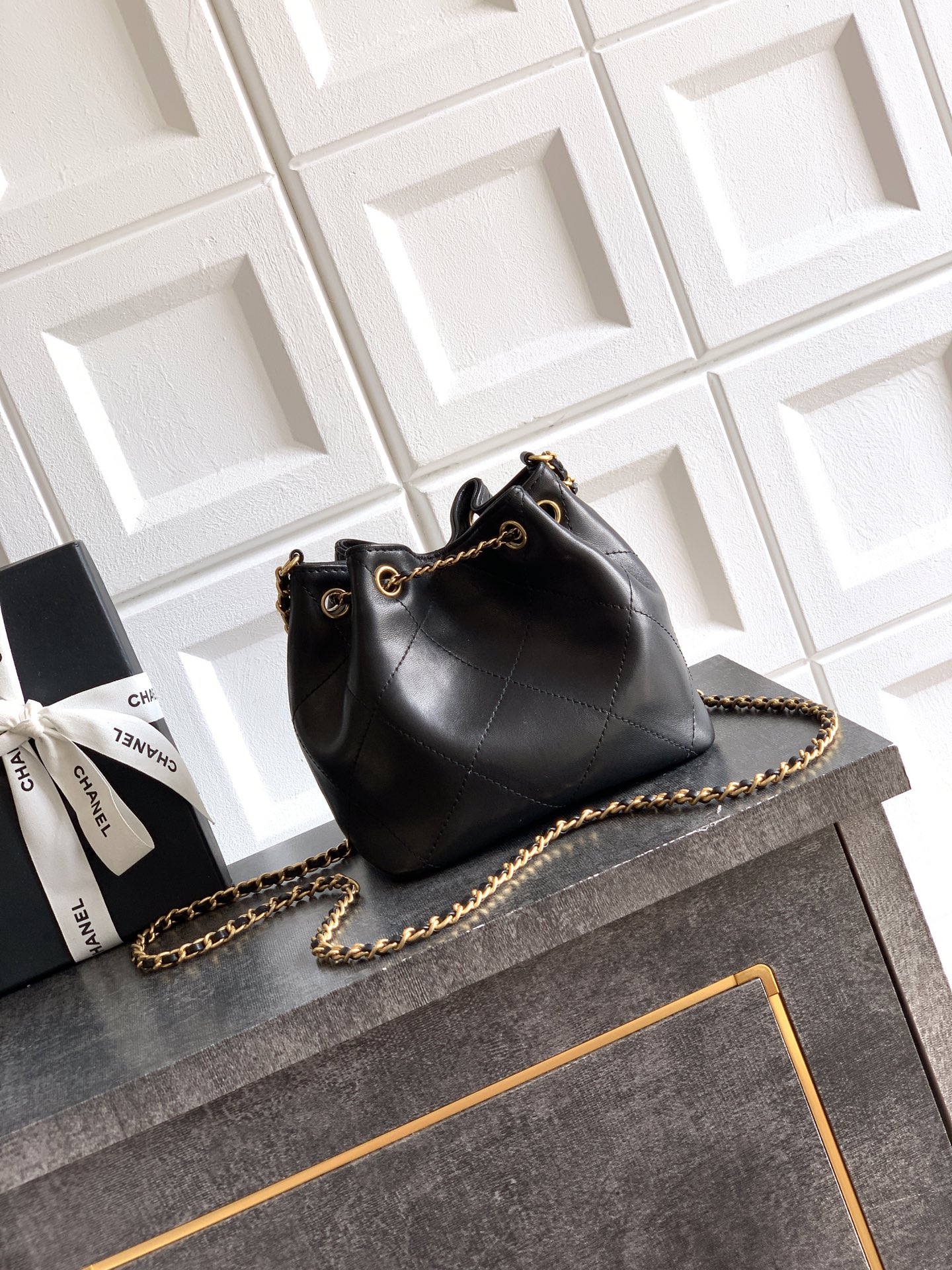Chanel Bucket Bag Cow Leather Black L