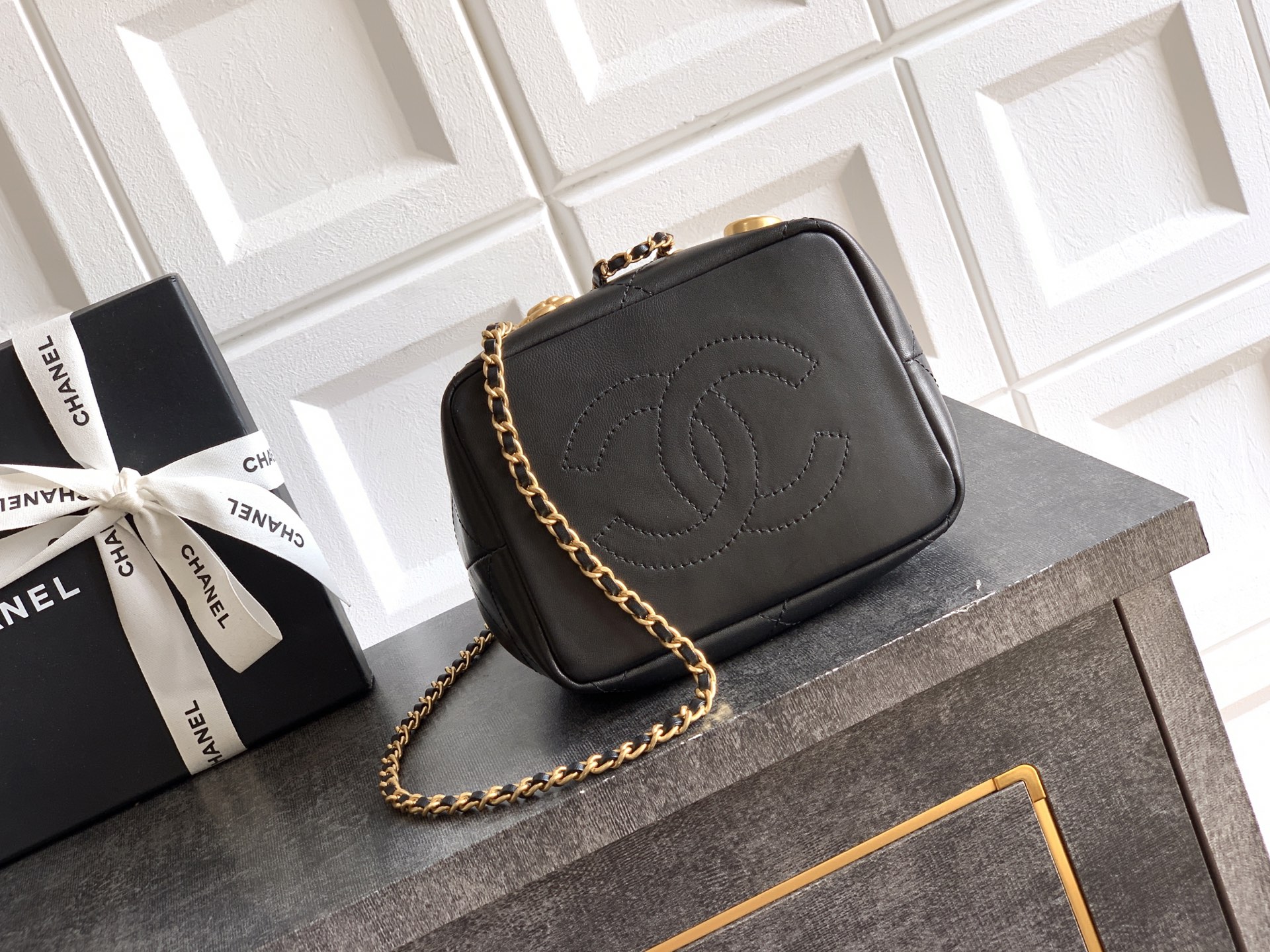 Chanel Bucket Bag Cow Leather Black L
