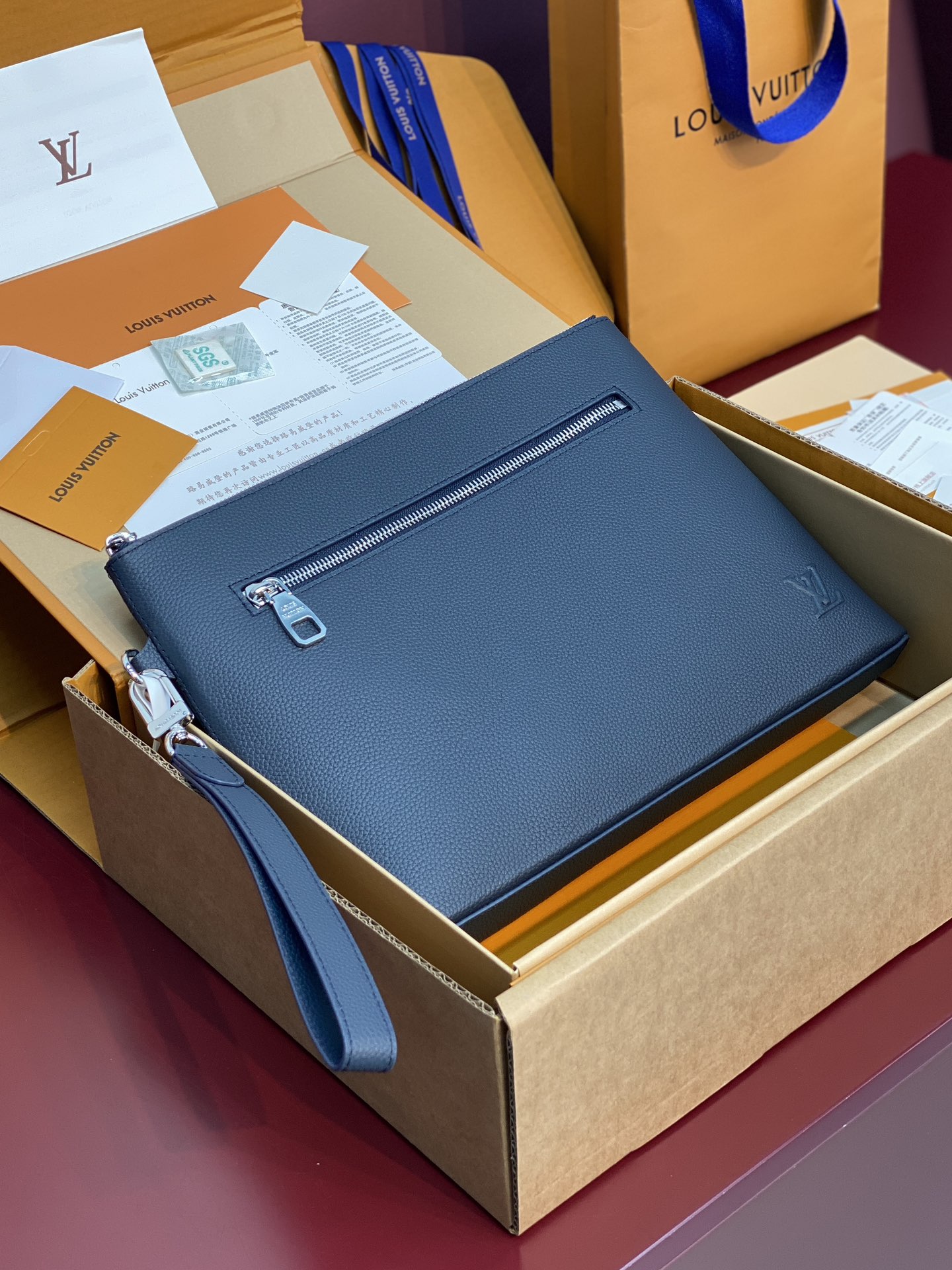 Louis Vuitton Clutch Bag Cow Leather Blue M-l