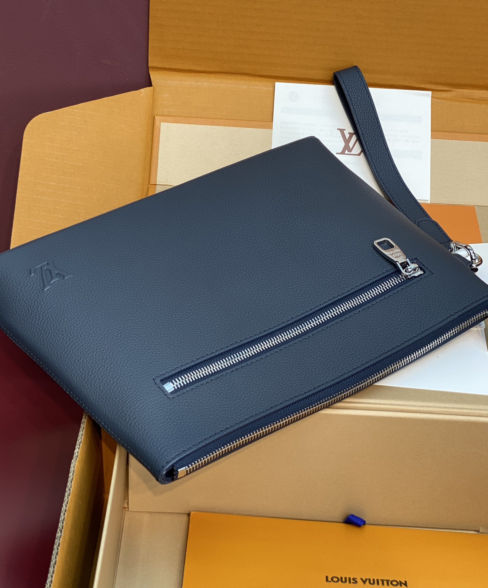 Louis Vuitton Clutch Bag Cow Leather Blue M-l