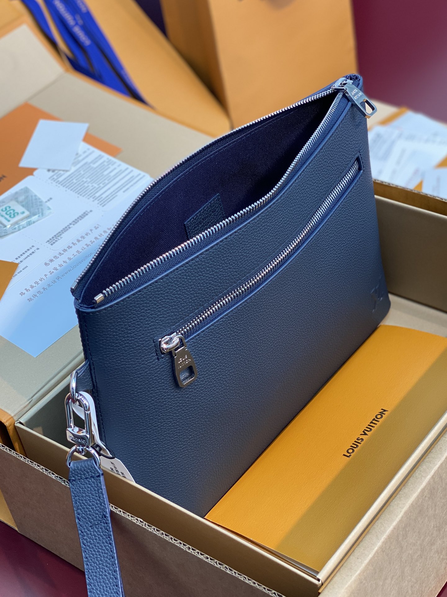Louis Vuitton Clutch Bag Cow Leather Blue M-l
