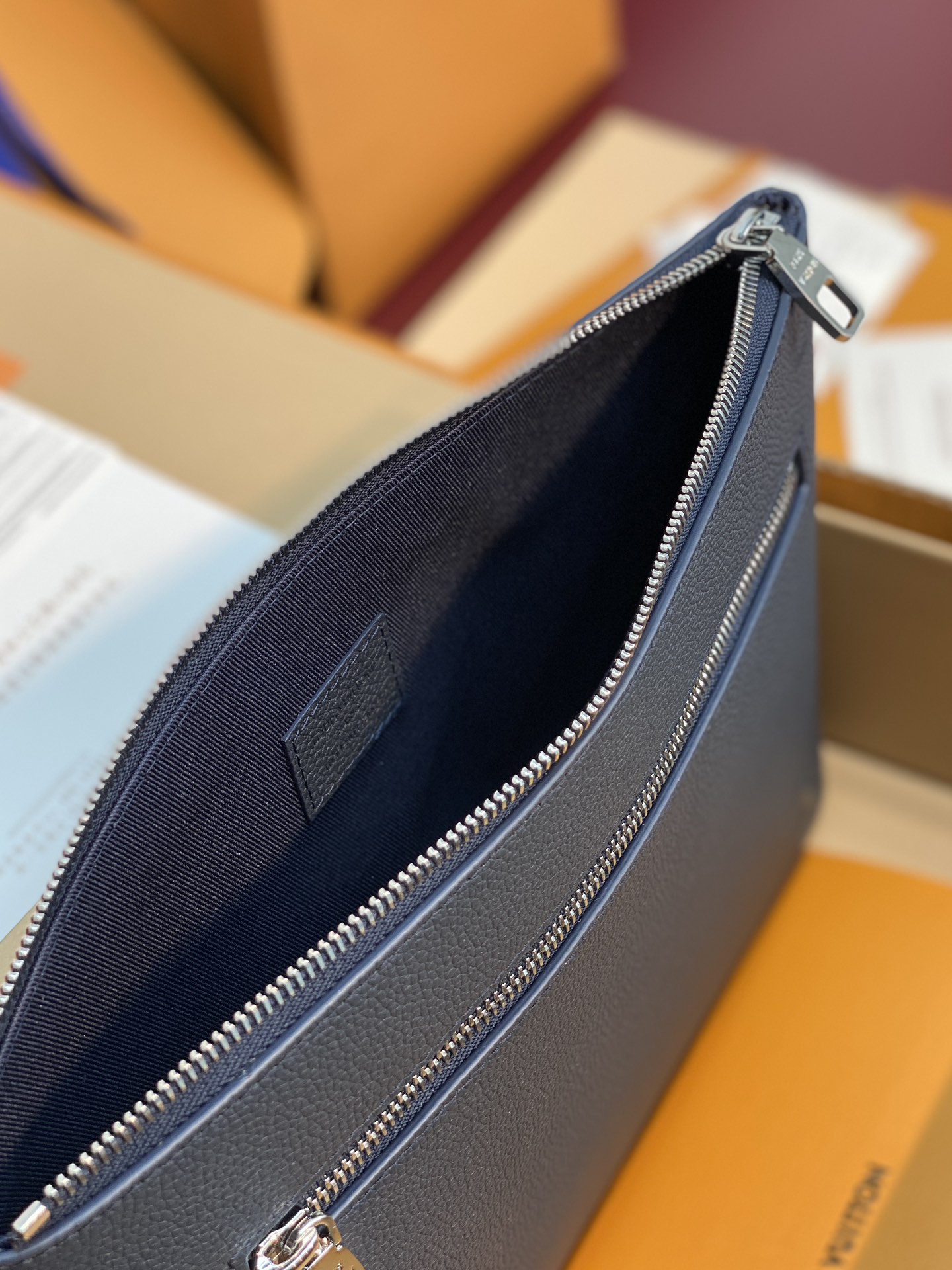 Louis Vuitton Clutch Bag Cow Leather Blue M-l