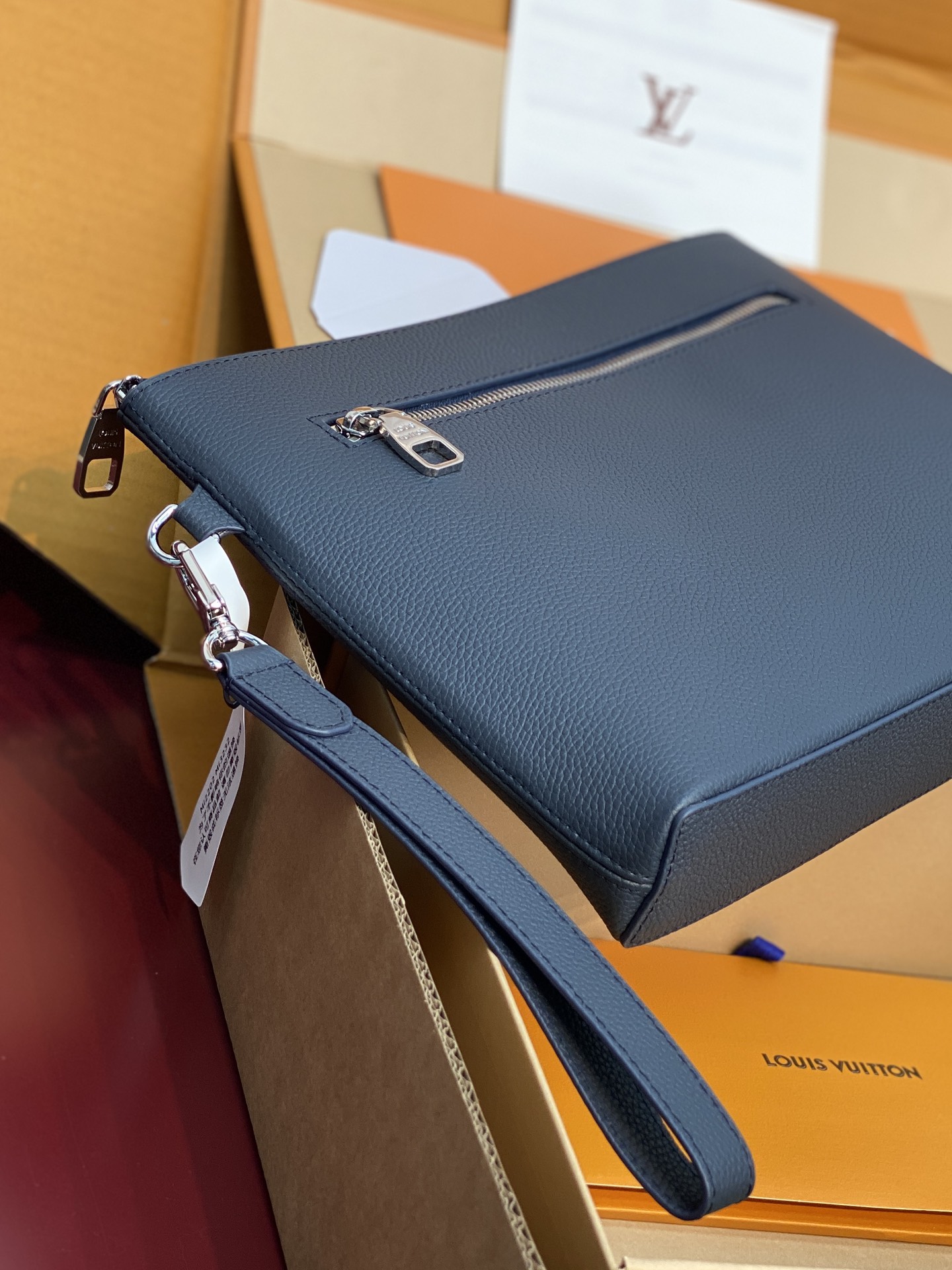 Louis Vuitton Clutch Bag Cow Leather Blue M-l