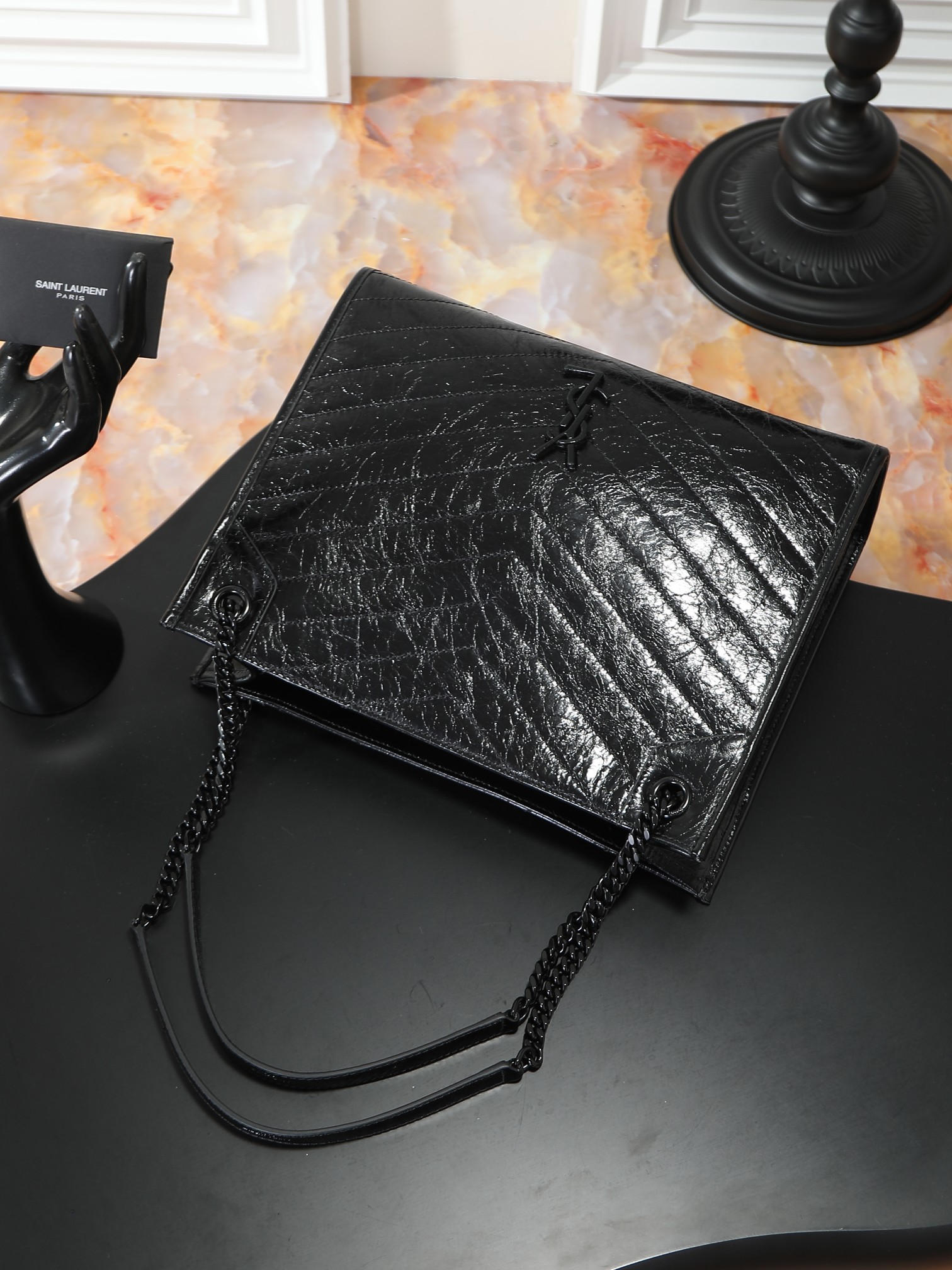 Tote Bag Cow Leather Black M-s