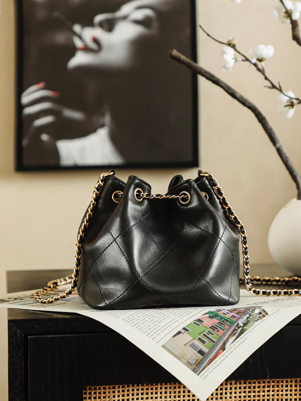 Bucket Bag Cow Leather Black