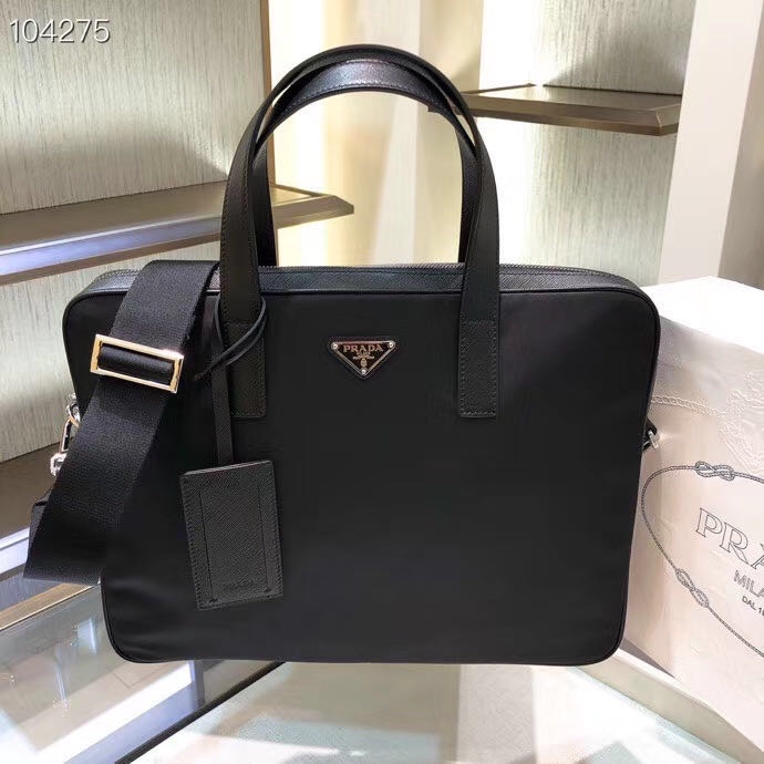 Prada Briefcase Cow Leather Black Waterproof M-s