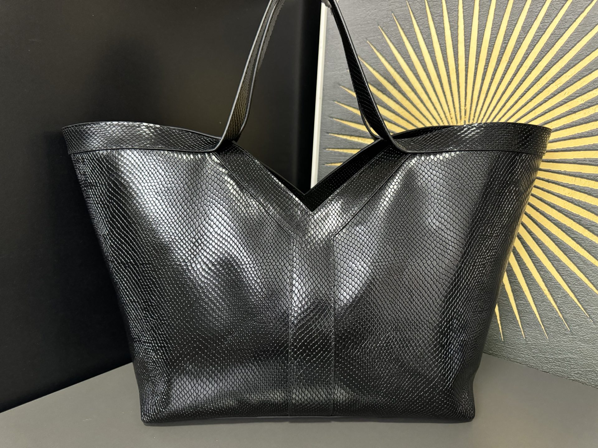 Tote Bag Cow Leather Black Large Capacity 16cm-s