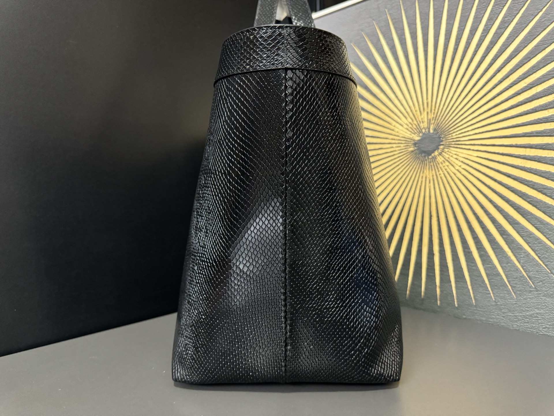 Tote Bag Cow Leather Black Large Capacity 16cm-s