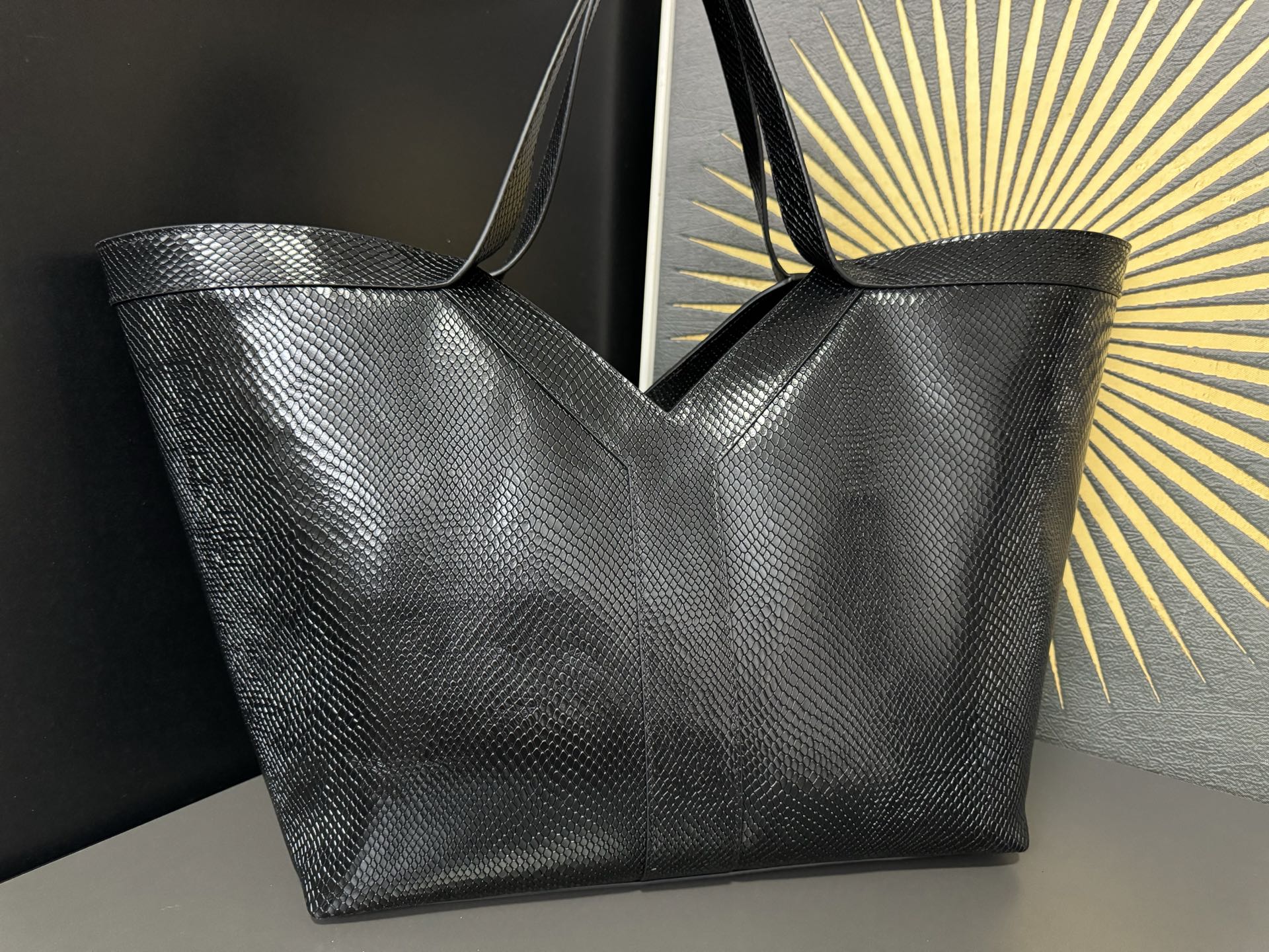 Tote Bag Cow Leather Black Large Capacity 16cm-s