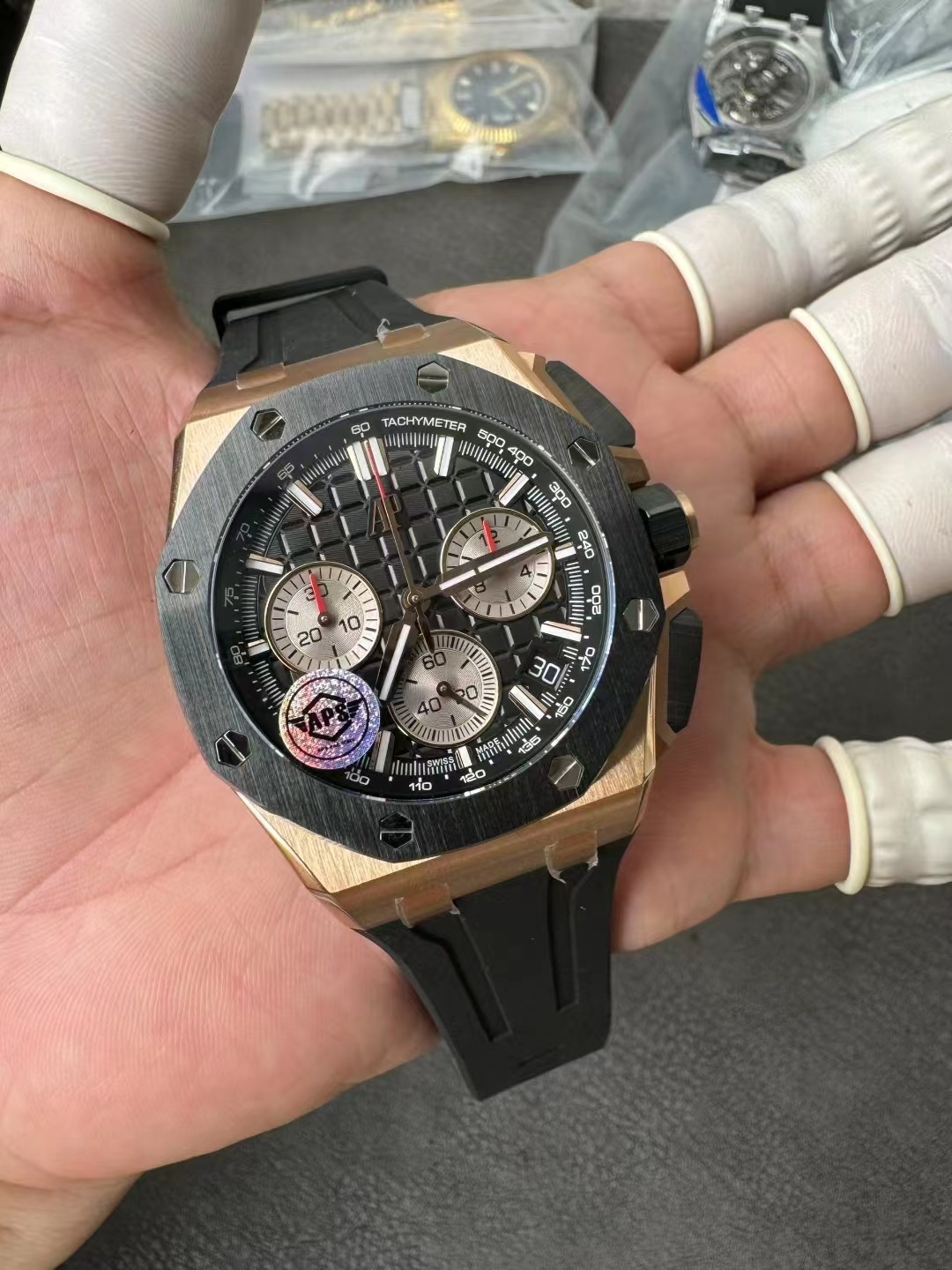 Audemars Piguet Aps 26420 1 Ap tapisserie Watch Dial 42 Case ,ceramic,titanium Crystal,waterproof 100 Strap 2 Chronograph 4401automatic Windingmovement, ,30 12 Date Display 28,800 / 70 Waterproof ,luminous Hands 3 Movement:aps ,movement Mold Opening,watch
